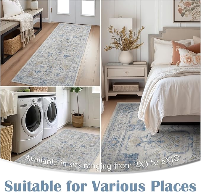 jinchan 4x6 Machine Washable Area Rugs Ultra-Thin Soft Throw Rug Low Pile Non-Slip Stain Resistant Distressed Vintage Floral Carpet for Bedroom, Living Room, Dining Room, Kitchen, Nursery(4x6ft, Blue)