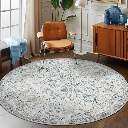jinchan Kalen Round Rug 7ft Area Rug Washable Vintage Indoor Retro Accent Floor Cover Distressed Floral 7' Round Circle Boho Non Slip Thin Carpet for Living Room Dining Room Bedroom Kitchen Blue
