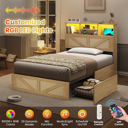 VIAGDO Rattan Bed Frame Twin Size with Bookcase Storage Headboard, Charging Station and LED Lights, Wooden Twin Bed Frames with 4 Drawers, Barn Door Design, No Box Spring Needed, No Noise, Natural