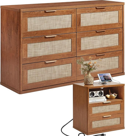 LEYAOYAO Rattan Dresser and Nightstand Set of 2, Boho Wood Dresser for Bedroom with 6 Drawers and Night Stand with Charging Station, Bedroom Furniture, Dressers & Chests of Drawers,Living Room,Hallway