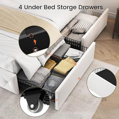 LARMACE Queen Size Bed Frame with 4 Storage Drawers and Wingback Headboard Velvet Upholstered Platform Bed Frame Tufted Beds with Wooden Slats Support, Easy Assembly, White