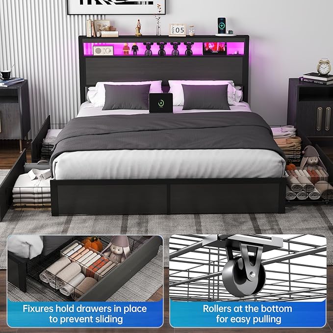 Queen Bed Frame with Storage Headboard and 4 Drawers, Metal Platform Bed Frame with LED Light, Charging Station, No Box Spring Needed, Noise Free, Easy Assembly,Charcoal Grey