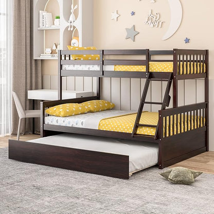 Giantex Twin Over Full Bunk Bed with Trundle, Convertible Platform Bed Frame with Ladder, Solid Wood Frame & Safety Guardrails, Space-Saving Bunk Bed for Teens & Kids, No Box Spring Needed, Espresso
