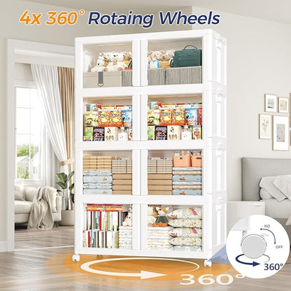 120GAL Large Stackable Storage Bins with Lid and Wheels, 480Qt Collapsible Organizer Cabinet with Clear Door, for Closet, Bedroom, Kitchen, Garage, 4-Pack White