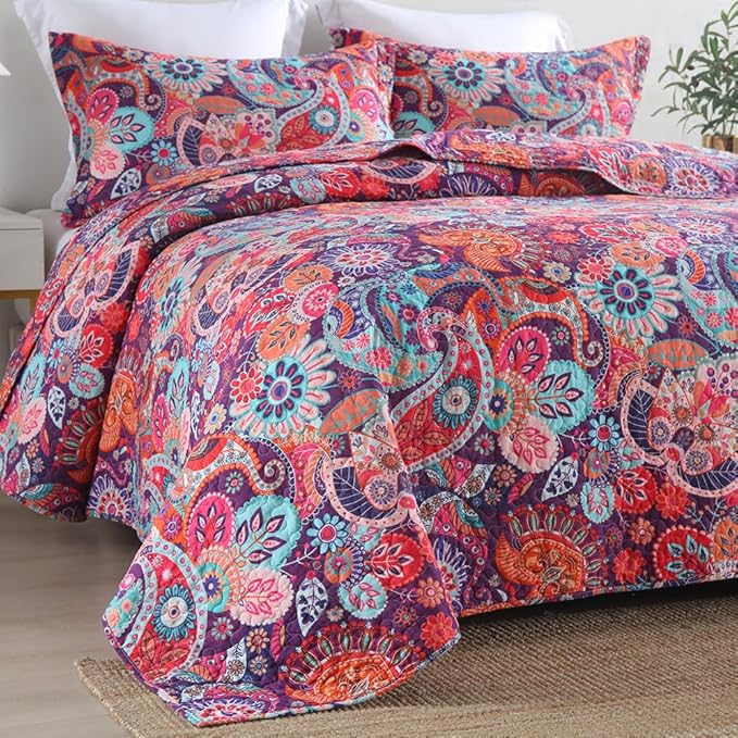 Cotton Bedspread Quilt Sets Reversible Bedding Coverlet Sets Comforter Paisley Floral Bohemian Bedspread,Bohemian Red Gorgeous Pattern,King Size