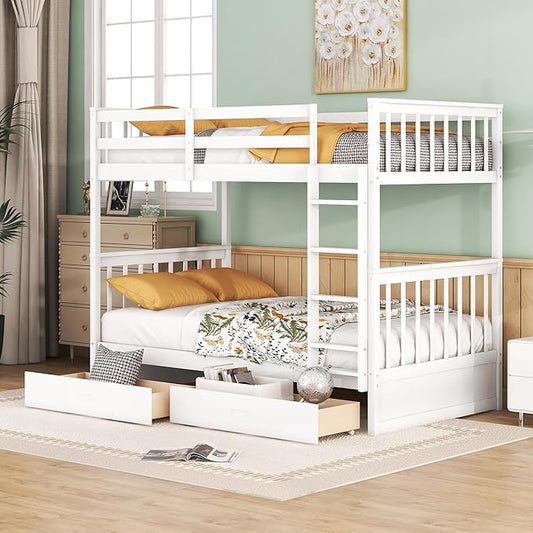 Merax Wood Bunk Bed with Drawers,Convertible Bunk Bed with Ladders and Two Storage Drawers,Solid Wood Detachable Bed Frame with Ladders,Twin Over Twin Size,White