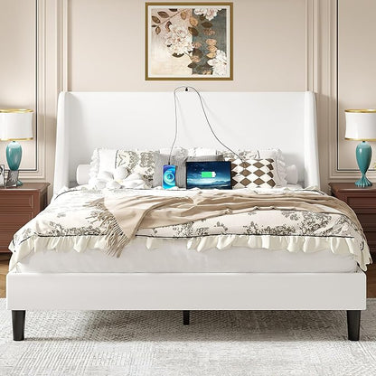 VECELO Full Bed Frame with Upholstered Wingback Headboard, Heavy-Duty Platform Bedframe with Charging Station, Wooden Slats, No Box Spring Needed, White