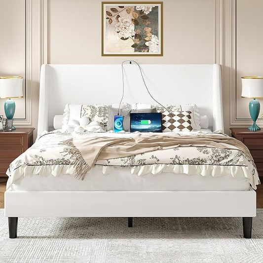 VECELO Full Bed Frame with Upholstered Wingback Headboard, Heavy-Duty Platform Bedframe with Charging Station, Wooden Slats, No Box Spring Needed, White