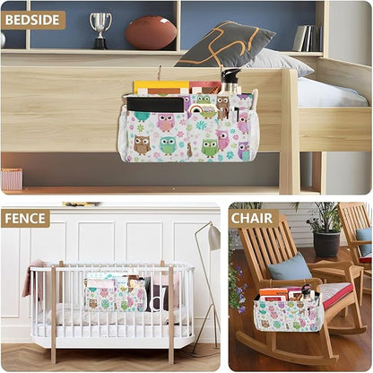 Bedside Caddy Hanging Bunk Bed Caddy Bed Organizer Hanging Pocket with 2 Hooks Bedside Storage Organizer Pocket Bag Holder Colorful Owls and Flowers