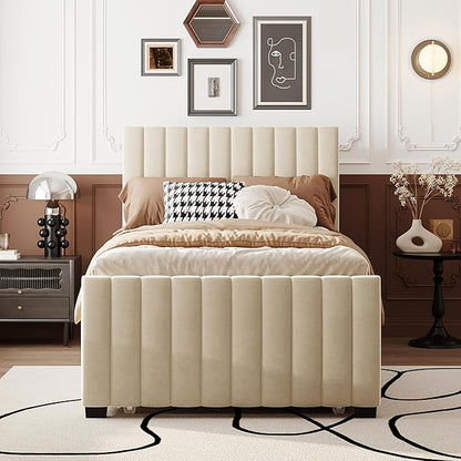 Twin Size Bed Frame with Trundle Bed,Velvet Upholstered Bed Frame,Twin Size Trundle Bed with Headboard,Upholstered Platform Bed Twin for Kids Teens Adults(Beige)