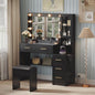 Makeup Vanity with Lights & Charging Station, Black Vanity Table with 5 Drawers & Open Storage Shelves, Bedroom Makeup Dressing Table Set for Women Girls Golden Handles