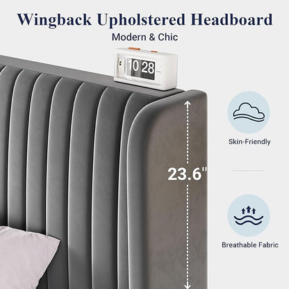Allewie King Size Velvet Bed Frame/Vertical Channel Tufted Wingback Headboard/Upholstered Platform Bed/No Box Spring Needed/Strong Wooden Slats/Easy Assembly/Grey