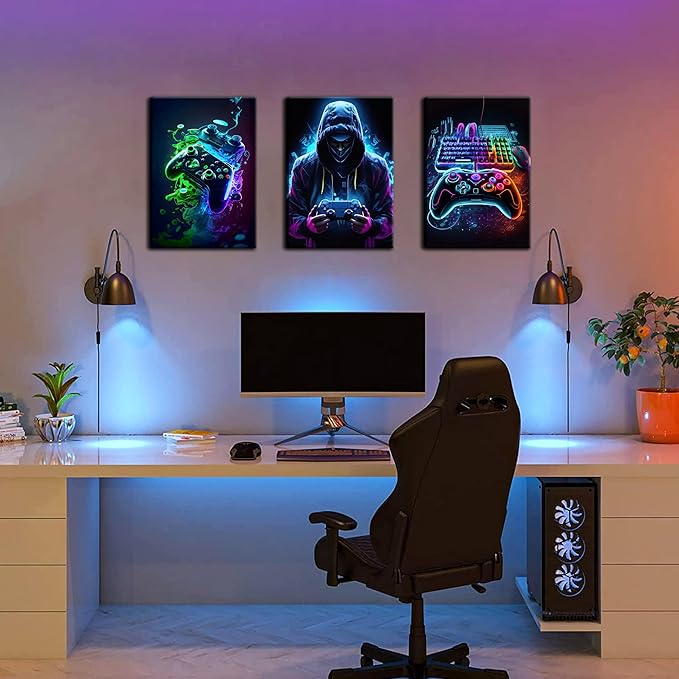 BGFCE Cool Gaming Canvas Wall Art Set of 3, Retro Video Game Watercolor Poster Pictures, Neon Gamepad Gamepad Painting Prints Game Room Bedroom Wall Decor 12x16 in Framed