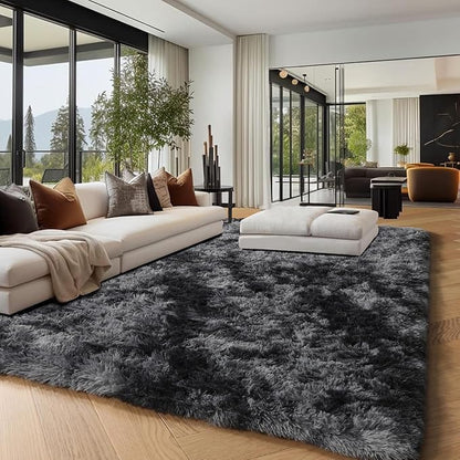 PAGISOFE Abstract Soft Shaggy Rugs for Living Room 5x8 Ft,Tie-Dyed Grey Fluffy Washable Rugs for Kids Room Furry Carpets for Bedroom Room Decor Aesthetic Large Shag Carpet for Boys Girls Dorm Nursery