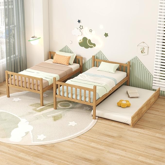 Bellemave Twin Over Twin Bunk Bed with Trundle,Convertible Bunk Beds with Ladder & Safety Guardrails,Twin Size Trundle Bunk Beds for Kids Girls Boys,Natural