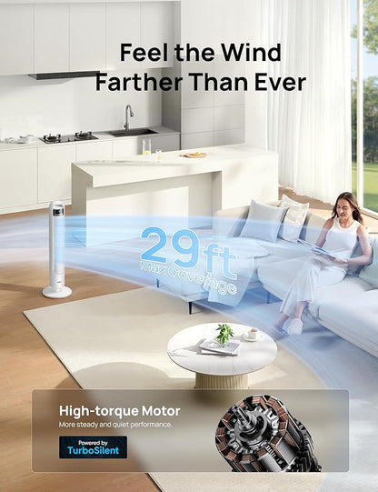 DREO Tower Fan for Bedroom, 4 Speeds, 3 Modes Standing Fans for Room with 90° wide Oscillating, 28dB Quiet for Sleep, 25ft/s Velocity, 29ft Coverage, 8H Timer, Remote, Living Room, Office, Home, White