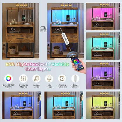 VIAGDO Rustic Brown Nightstands Set of 2 with Charging Station and LED Lights, LED Night Stand Set 2 with Drawer, Rustic End Side Table with Open Storage Shelves, Bedside Tables for Bedroom, Office