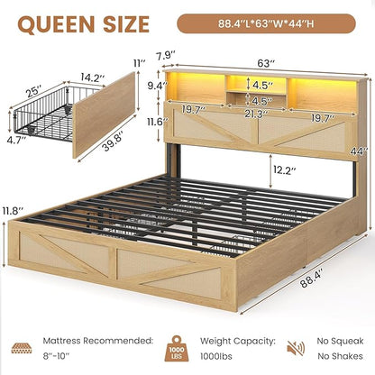 VIAGDO Rattan Bed Frame Queen Size with Bookcase Storage Headboard, Charging Station and LED Lights, Wooden Queen Bed Frame with 4 Drawers, Barn Door Design, No Box Spring Needed, No Noise, Natural