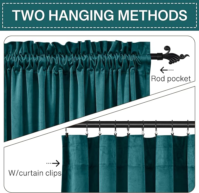 StangH Velvet Teal Curtains for Bedroom, Super Soft Room Darkening Thermal Insulated Door Curtains Rod Pocket Boho Home Decor for Dining Room/Office, W52 x L90, 2 Panels