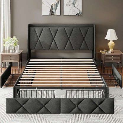 Feonase Queen Bed Frame with 4 Storage Drawers, Upholstered Button Tufted Storage Headboard with Fast Charging Station, Heavy Duty Slats Support, No Box Spring Needed, Noise-Free, Dark Grey