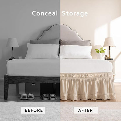 MIYE Wrap Around Ruffled Lace Bed Skirt, Elastic Dust Ruffle with Adjustable Belts, Easy to Put On, Bed Frame Cover, Machine Washable (Embroidered/Beige, King/Queen-18 Drop)