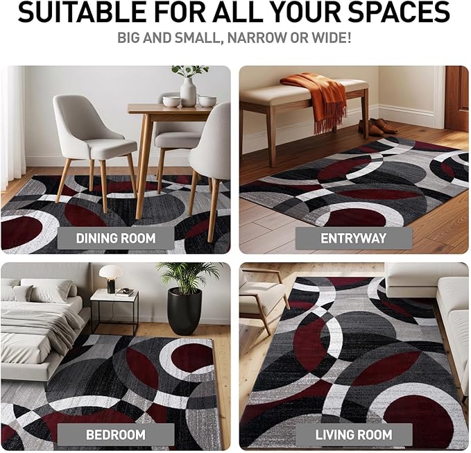 Rugshop Red Modern Geometric Indoor Medium Area Rug, Overlapping Circle Pattern, Fade Resistant, Non-Shedding, for Living Room, Bedroom and Home Office, 6'6" x 9'