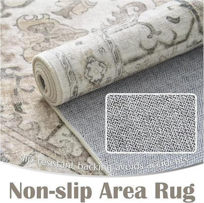 jinchan 6x9 Area Rugs for Living Room Washable Soft Throw Rug Ultra-Thin Stain Resistant Non-Slip Distressed Vintage Floral Large Carpet for Bedroom,Dining Room,Home Office,Nursery (6x9ft,Taupe)