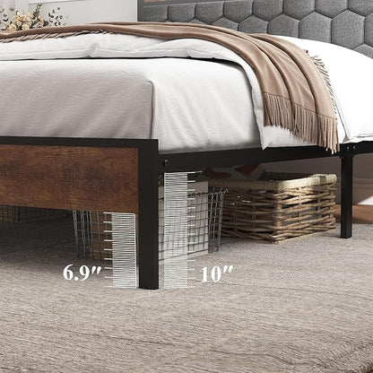 King Size Bed Frame with Storage Headboard & Charging Station, Platform Bedframe with LED Lights, Upholstered Headboard, Metal Slat Support, No Box Spring Needed