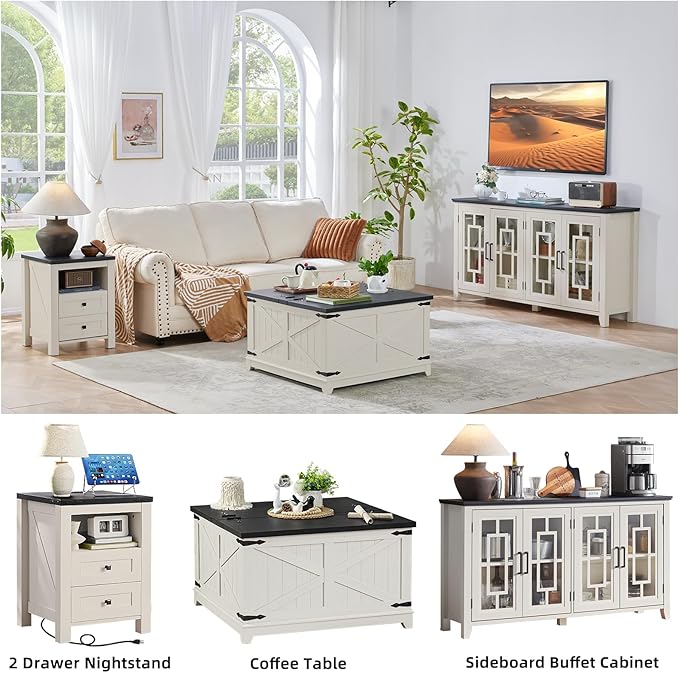Joaxswe Night Stands with Charging Station Set of 2, Farmhouse Nightstand, White Wooden Bedside End Tables with 2 Drawers and Open Shelf, Bed Side Table for Bedroom, Living Room, Closet, Office