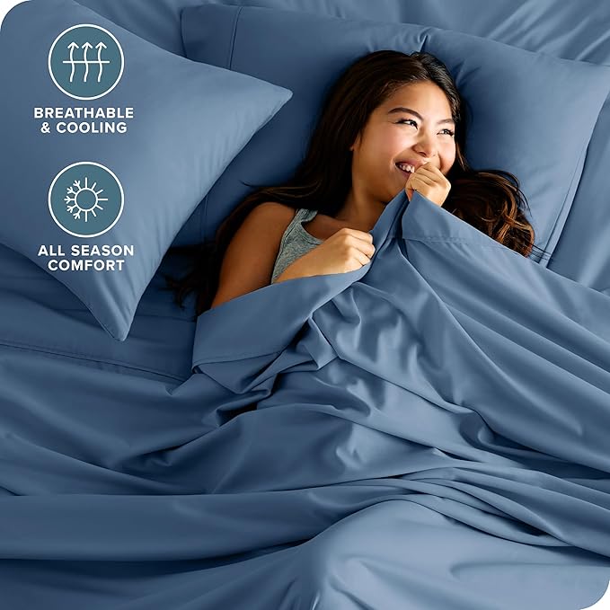 Bare Home Hotel Luxury Full XL Sheet Set, Extra Soft, 6 Piece Set, Deep Pockets, Easy Fit, Cooling & Breathable, Wrinkle, Fade, Stain Resistant, Includes 4 Pillowcases (Full XL, Coronet Blue)
