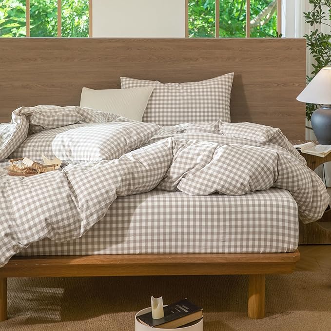 MooMee Gingham Duvet Cover Set 100% Washed Cotton Linen Like Textured Breathable Durable Soft Comfy Modern Checkered Design (Tannish Linen Grey Gingham, King 104"x90")