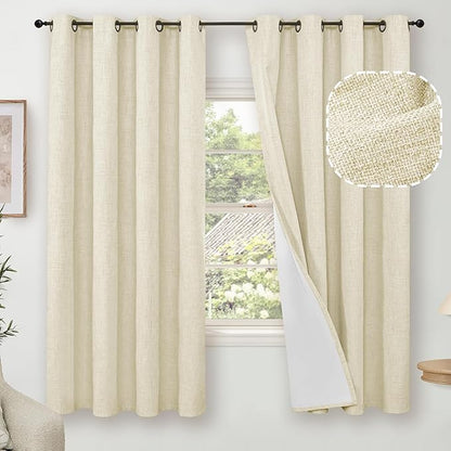 Cream 100% Blackout Curtains for Bedroom 63 Inch Length 2 Panels, Thermal Insulated Complete Light Blocking Noise Reducing Linen Window Curtains for Nursery, Bronze Grommet, Each 52" Wide