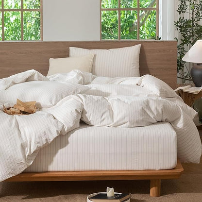 MooMee Striped Duvet Cover Set 100% Washed Cotton Linen Like Textured Breathable Durable Soft Comfy (White Almond Milk Grey Wide Stripes, Super King 108"x98")