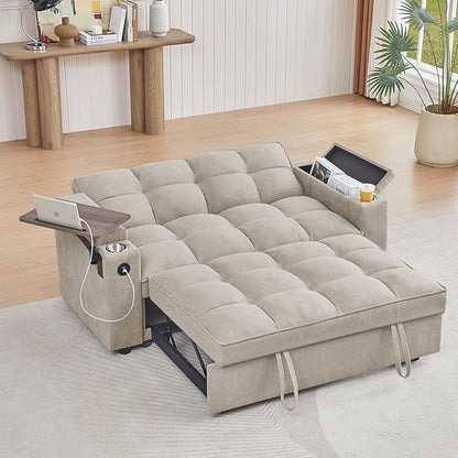 65" Cloud Couch Sleeper Sofa Bed with USB Charging Port & Side Pocket, Chenille Fabric Pull-Out Sofa with Thick Cushions, High Resilience Foam & Pillows for Living Room, Apartment, Small Spaces
