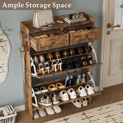 Shoe Storage Cabinet for Entryway, Farmhouse Narrow Shoe Cabinet with 2 Flip Drawers & Top Drawers, Adjustable Shelves & Hooks, Freestanding Hidden Rack Organizer for Hallway, Foyer