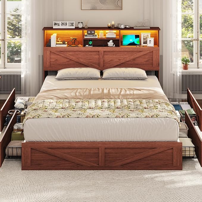 VIAGDO Farmhouse Bed Frame Full Size with Bookcase Storage Headboard, Charging Station and LED Lights, Wooden Full Bed Frame with 4 Drawers, Barn Door Design, No Box Spring Needed, Reddish Brown