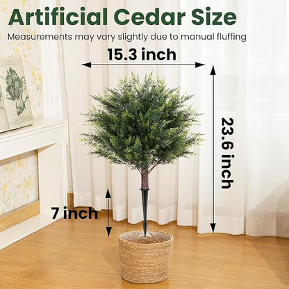 23.6" Artificial Topiary Cedar Trees with 4 Ground Stakes, Faux Outdoor Evergreen Shrubs, UV Resistant Fake Cedar Plants for Porch, Patio, Garden, Yard, Lawn, Landscape Decoration - 2 Pack