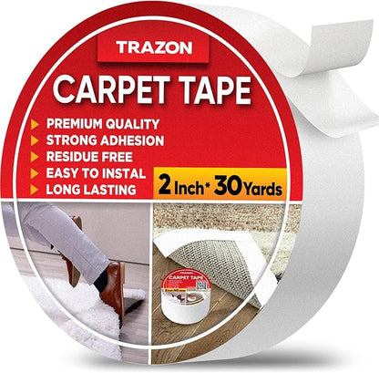 Trazon Carpet Tape Double Sided - Rug Tape Grippers for Hardwood Floors and Area Rugs - Carpet Binding Tape Strong Adhesive and Removable, Heavy Duty Stickers Tape, Residue Free (2 Inch / 30 Yards)
