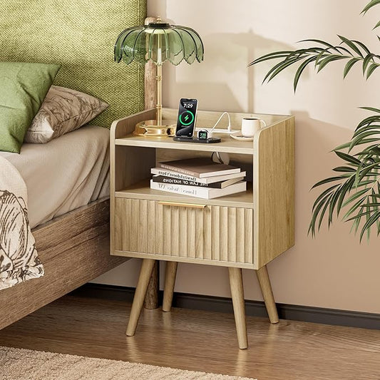 Huuger Nightstand with Charging Station, USB-C Port, Fluted Night Stand with Drawer, Bed Side Table with Solid Wood Feet, Open Storage, End Table with Raised Edge, for Bedroom, Natural