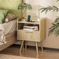 Huuger Nightstand with Charging Station, USB-C Port, Fluted Night Stand with Drawer, Bed Side Table with Solid Wood Feet, Open Storage, End Table with Raised Edge, for Bedroom, Natural