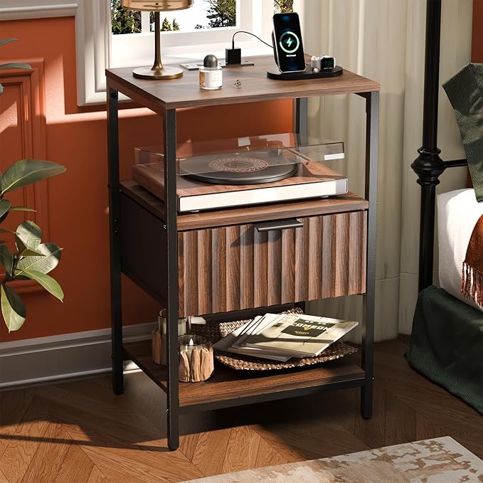 VINGLI Nightstand with Charging Station, Walnut Nightstand Fluted with Fabric Drawer, Bedside Table/End Table with Charger Station, Side Table Bedroom, Small Night Stand Dark Walnut