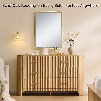 Fluted 6 Drawer Dresser for Bedroom with Curved Profile Design, 53.9 Inch Wide Chest of Drawers, Smooth Glide Storage Cabinet for Living Room, Natural Oak