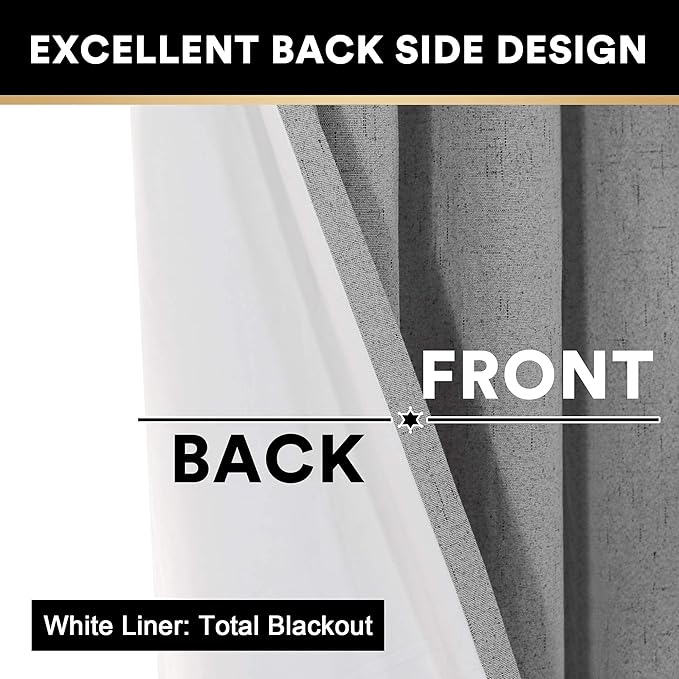 Linen Textured 100% Blackout Curtains for Bedroom/Living Room Energy Saving Window Treatment Curtain Drapes, Burlap Fabric with White Thermal Insulated Liner (2 Panels, 52 x 96 Inch, Light Grey)