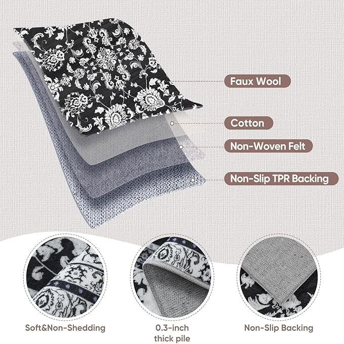 3x8 Runner Rugs for Hallways: Kitchen Runner Non Slip Washable Rug with Rubber Backing Stain Resistant Carpet Low Pile Floral Rugs for Bedroom Bathroom Laundry Living Room Black White 3x8