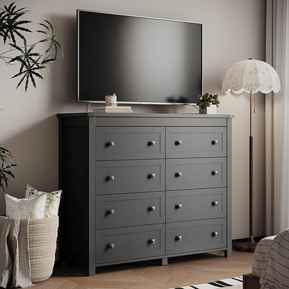 Dresser for Bedroom with 8 Drawers, Farmhouse Wood Chest of Drawers, Wide TV Stand Closet Storage Furniture with Metal Handle, Modern Clothes Organizer for Hallway, Living Room, Entryway, Black