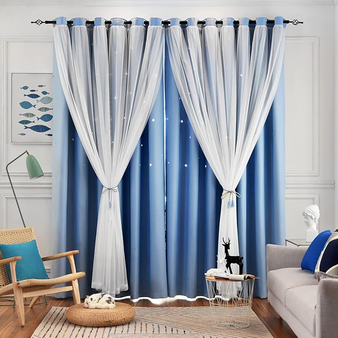 Star Double Layer Blackout Curtains for Bedroom, Kids - Cute, 108 Inches Long, 2 Panels Set, Blue, 42 X 108 Inches