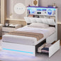 AOGLLATI Twin Bed Frame with 4 Storage Drawers & Charging Station & LED Lights, Twin Bed Frames with Stylish Bookcase Headboard, Led Bed Frame with Metal Slats, No Box Spring Needed,White