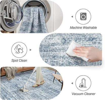 Washable Area Rug 8x10, Large Soft Rugs for Living Room Vintage Blue 8x10 Area Rugs for Bedroom Dining Room Non-Slip Stain Resistant Under Table Rug
