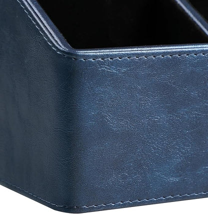 MEIBOOCH PU Leather Desk Organizer, Luxury Remote Control Holder for Home, Office Desk Accessories Table Caddy Bedside Nightstand Organizer (Dark Blue)