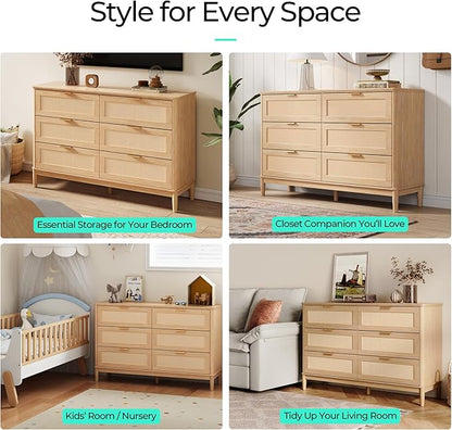 LINSY Rattan 6 Drawer Dresser for Bedroom, 54" Wide Mid-Century Modern Tall Chest of Drawers, Deep Storage Dresser with Curved Corner Design, Large Accent Wood Cabinet for Bedroom, Oak